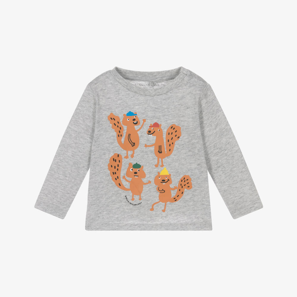 Stella McCartney Kids-تي شيرت قطن رمادي للأولاد بطبعة سنجاب | Childrensalon Outlet