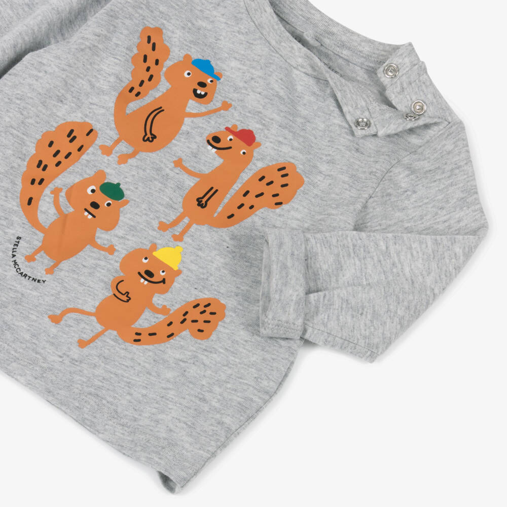 Stella McCartney Kids-تي شيرت قطن رمادي للأولاد بطبعة سنجاب | Childrensalon Outlet