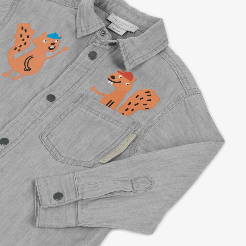 Stella McCartney Kids-Серая хлопковая футболка с белкой для мальчиков | Childrensalon Outlet