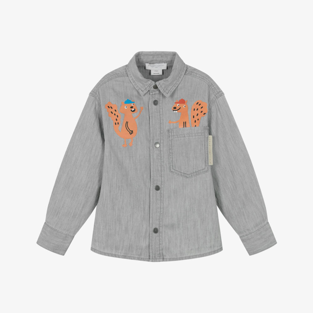 Stella McCartney Kids-Серая хлопковая футболка с белкой для мальчиков | Childrensalon Outlet