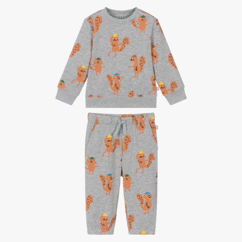 Stella McCartney Kids-Серый хлопковый спортивный костюм с белкой для мальчиков | Childrensalon Outlet