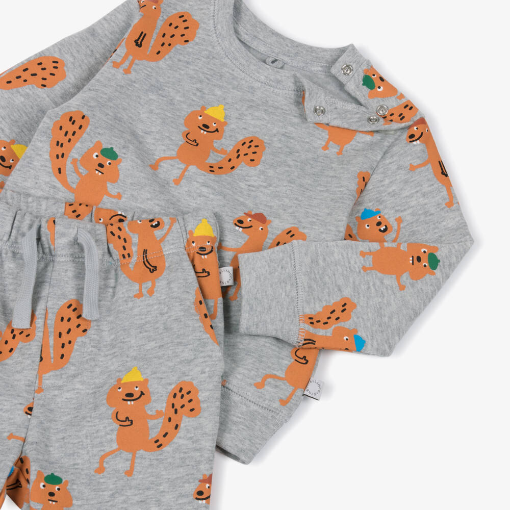 Stella McCartney Kids-Серый хлопковый спортивный костюм с белкой для мальчиков | Childrensalon Outlet