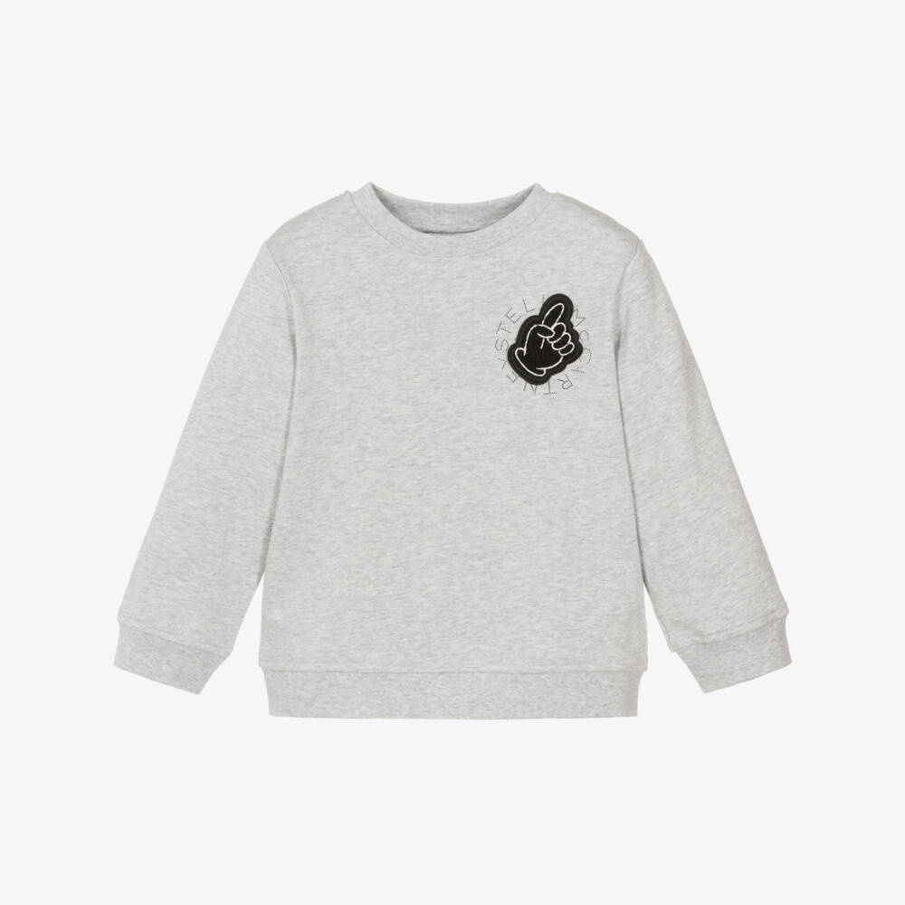 Stella McCartney Kids-Boys Grey Marl Cotton Sweatshirt with Foam Finger Patch | Childrensalon Outlet