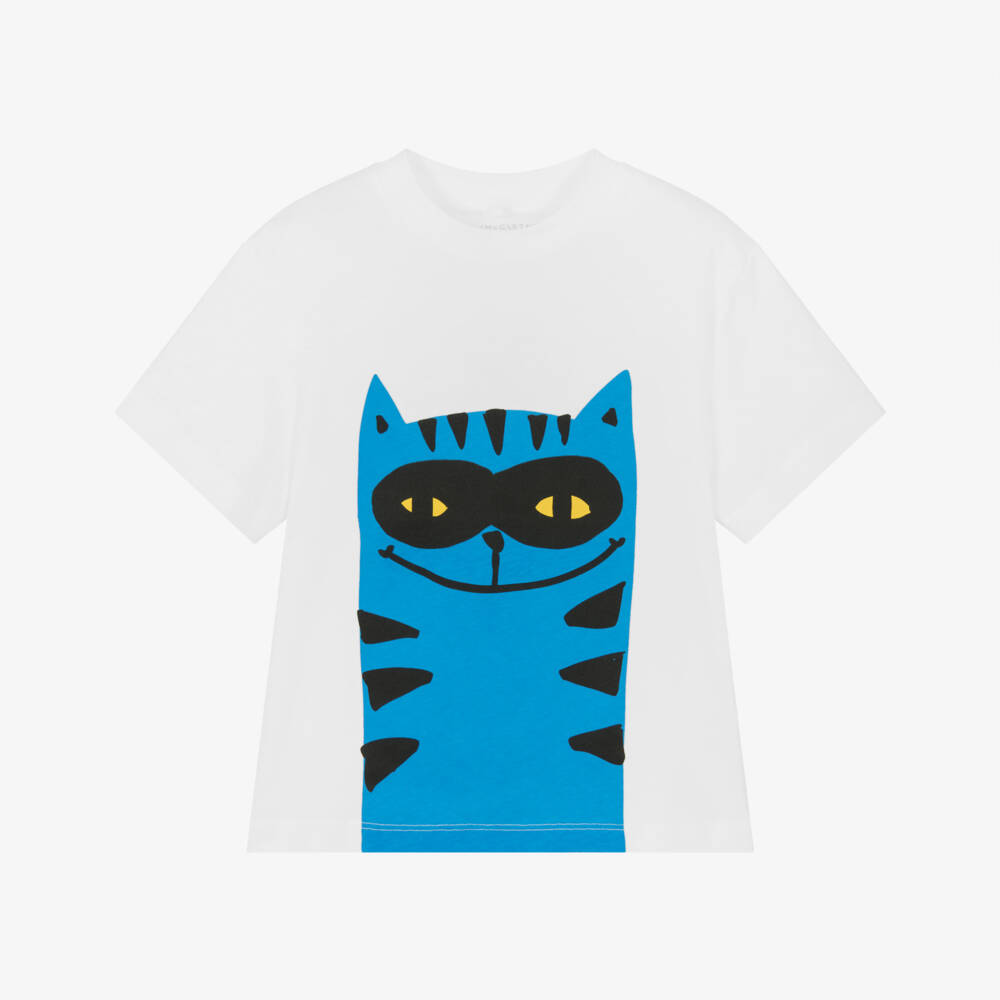 Stella McCartney Kids-Футболка кремовая и синяя с котом для мальчиков | Childrensalon Outlet