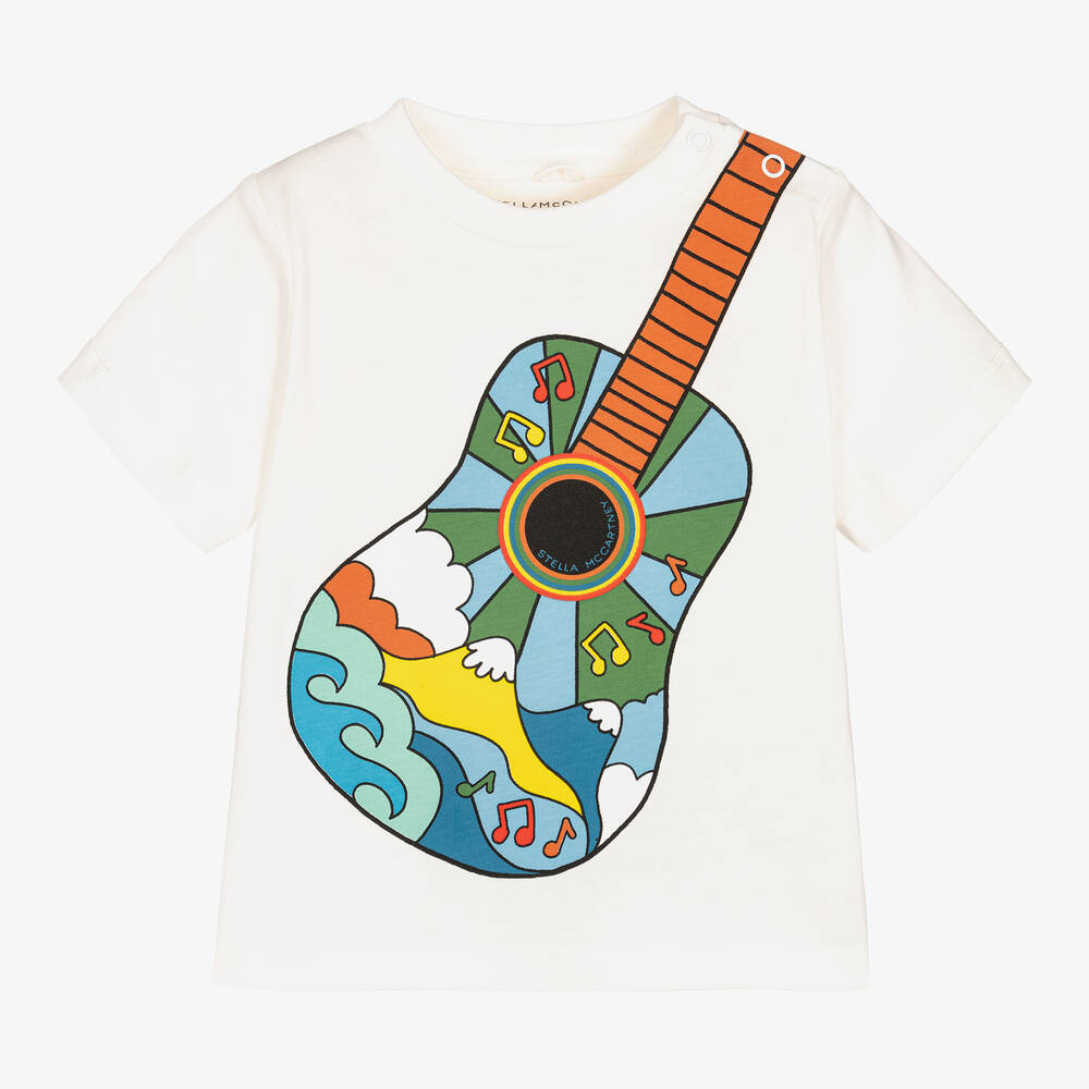 Stella McCartney Kids-Кремовая хлопковая футболка с гитарой | Childrensalon Outlet