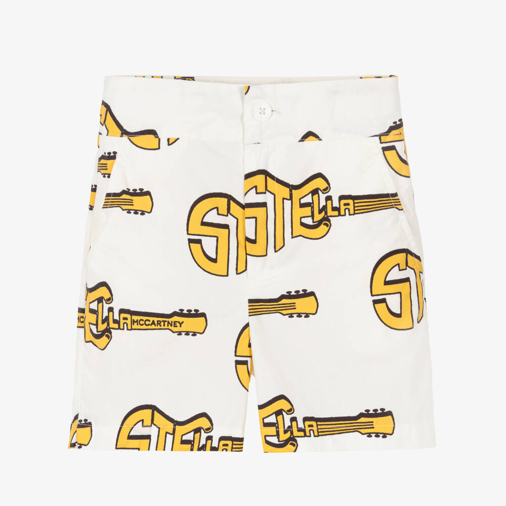 Stella McCartney Kids-Boys Ivory Cotton Shorts with Yellow Logo Guitars | Childrensalon Outlet
