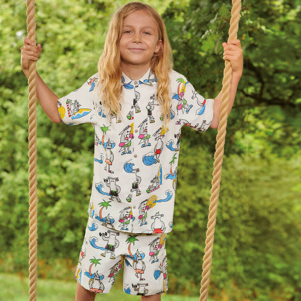 Stella McCartney Kids-Boys Ivory Organic Cotton Sharks Shorts | Childrensalon Outlet