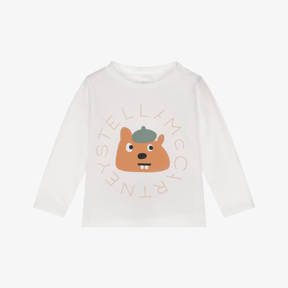 Stella McCartney Kids-تي شيرت قطن عاجي للأولاد بطبعة سنجاب | Childrensalon Outlet
