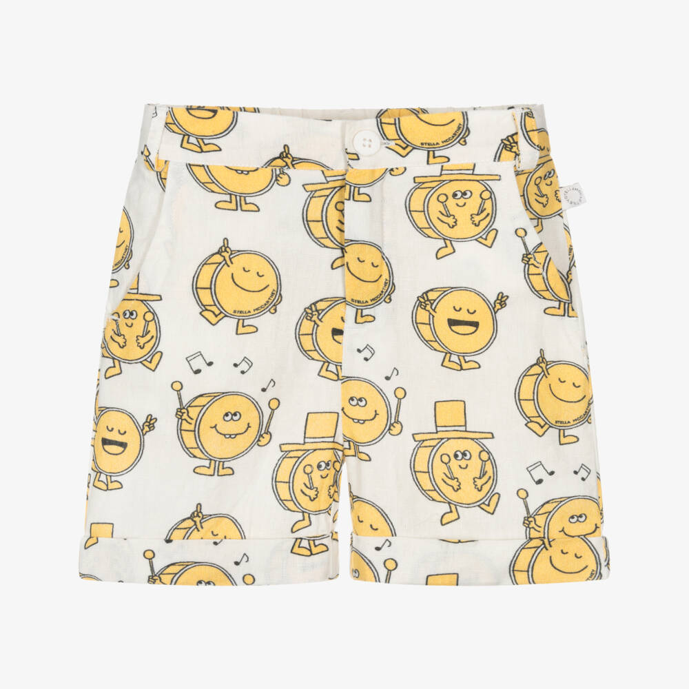 Stella McCartney Kids-Boys Ivory & Yellow Drum Print Shorts | Childrensalon Outlet