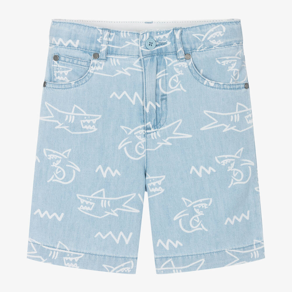 Stella McCartney Kids-Boys Light Blue Cotton Shark Shorts | Childrensalon Outlet