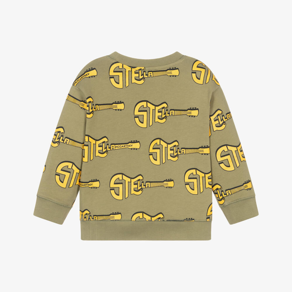 Stella McCartney Kids-Boys Olive Green Cotton Sweatshirt with Yellow Logo Guitar Pattern | Childrensalon Outlet