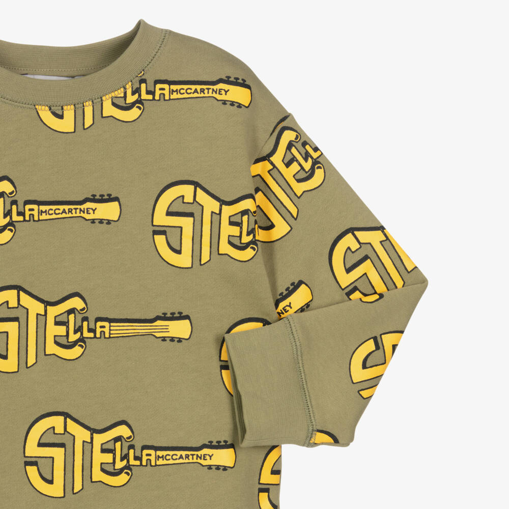 Stella McCartney Kids-Boys Olive Green Cotton Sweatshirt with Yellow Logo Guitar Pattern | Childrensalon Outlet