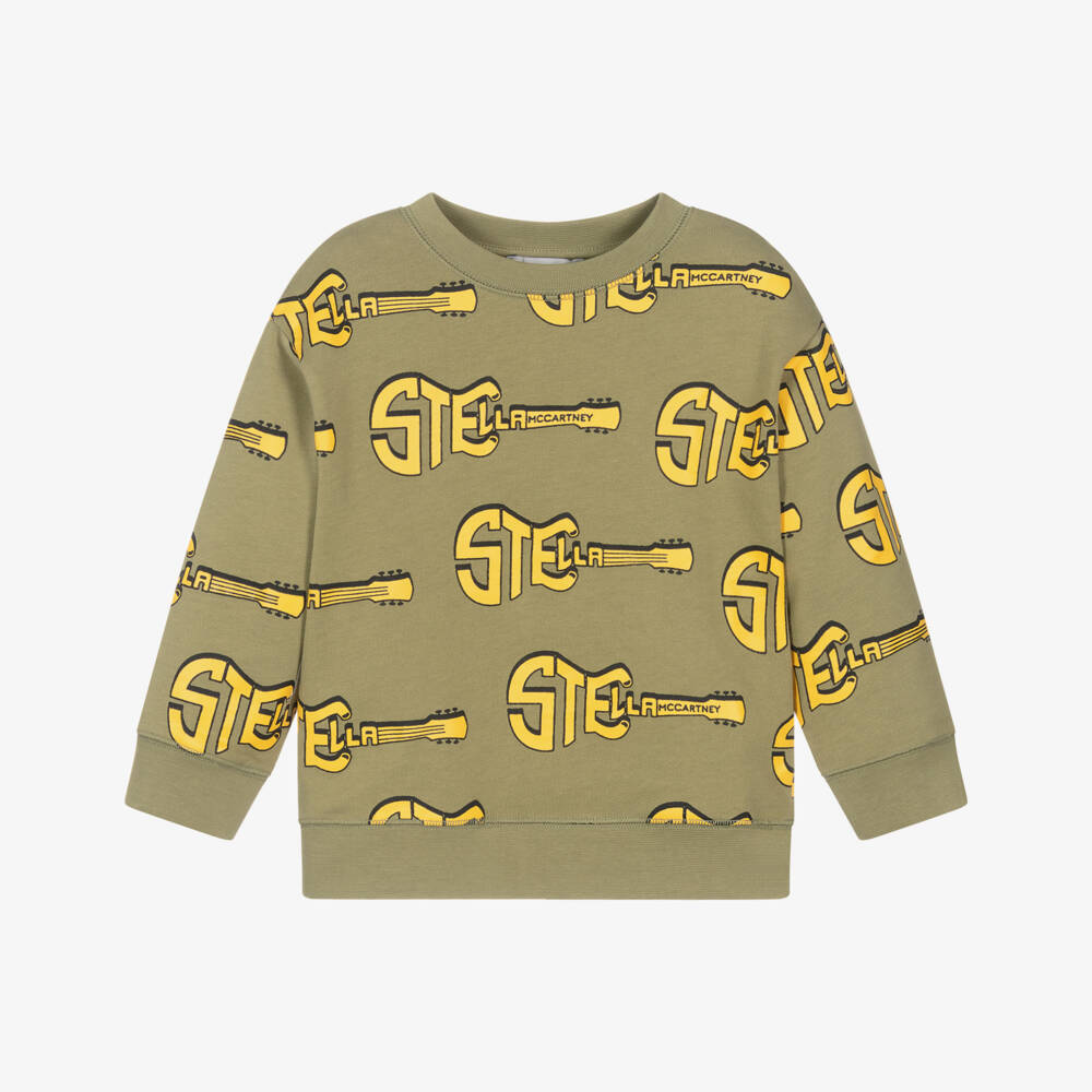 Stella McCartney Kids-Boys Olive Green Cotton Sweatshirt with Yellow Logo Guitar Pattern | Childrensalon Outlet