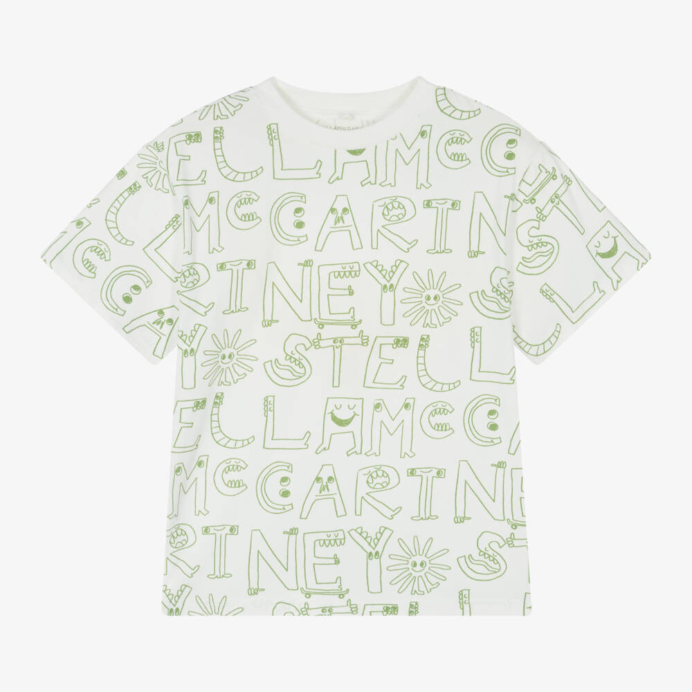 Stella McCartney Kids-تي شيرت عضوي عاجي وأخضر للأولاد | Childrensalon Outlet