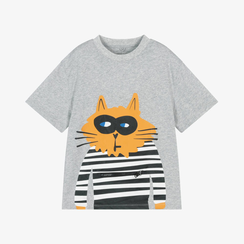 Stella McCartney Kids-تيشيرت ناعم رمادي برسمة قطة للأولاد | Childrensalon Outlet