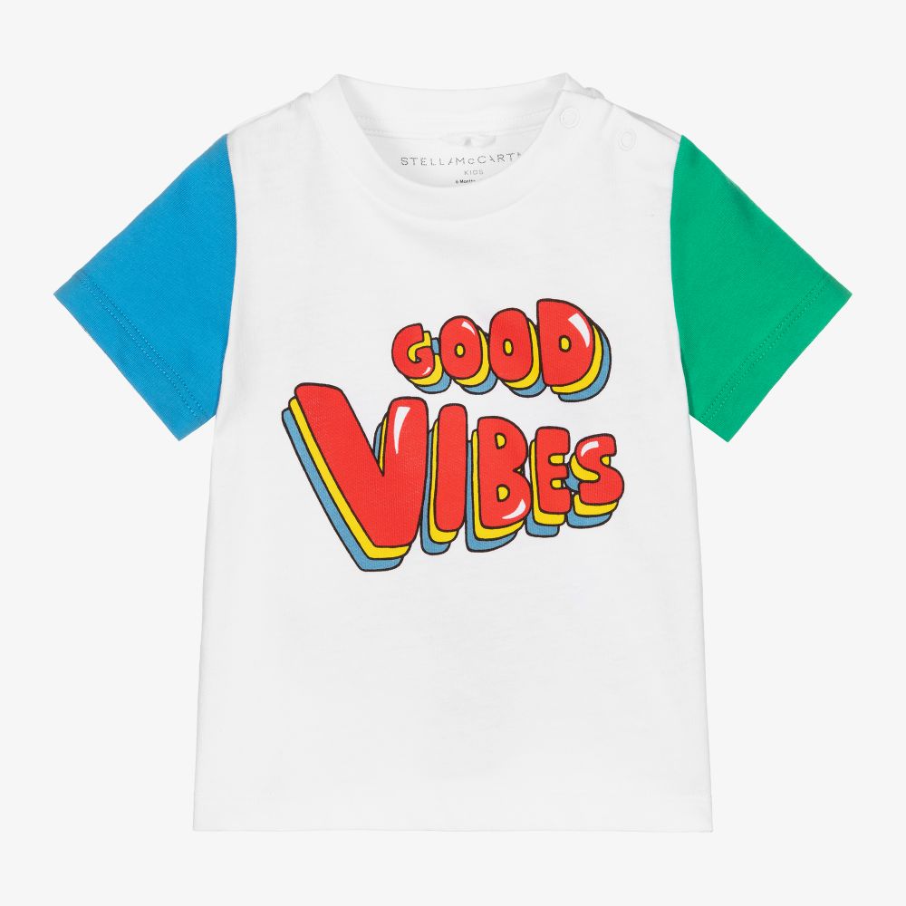 Stella McCartney Kids - Белая футболка с цветовыми блоками для мальчиков | Childrensalon