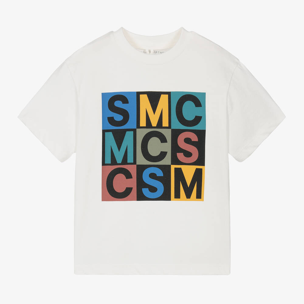 Stella McCartney Kids-Boys White Cotton Box Logo T-Shirt | Childrensalon Outlet