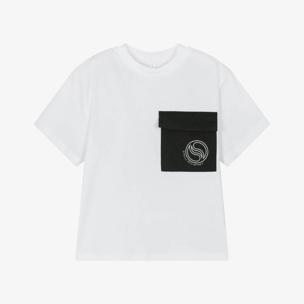 Stella McCartney Kids-Boys White Cotton T-Shirt with Black Chest Pocket | Childrensalon Outlet