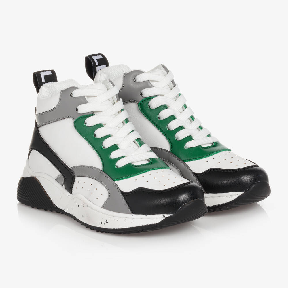 Stella McCartney Kids - Boys White & Green High-Top Trainers | Childrensalon