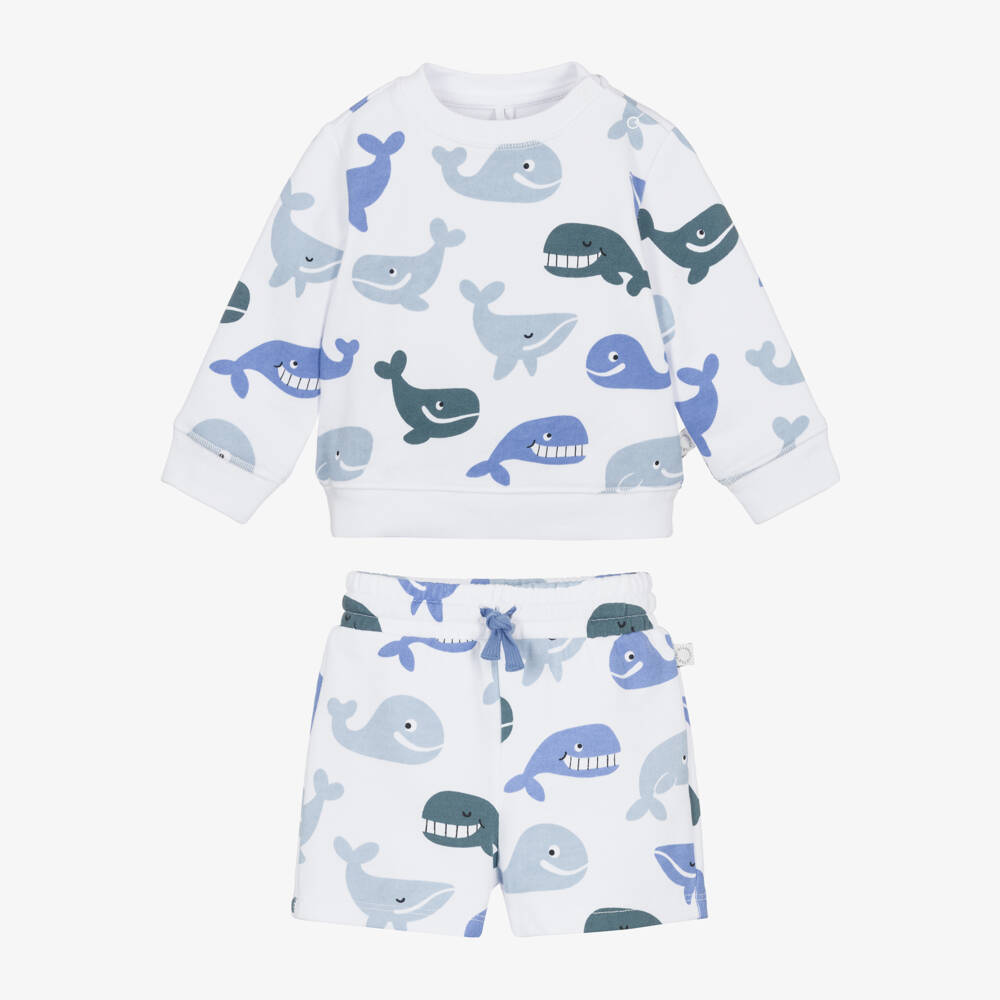 Stella McCartney Kids-Boys White Jersey Shorts Set with Blue Whale Print | Childrensalon Outlet