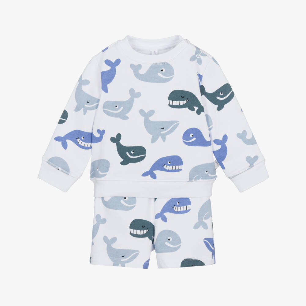 Stella McCartney Kids-Boys White Jersey Shorts Set with Blue Whale Print | Childrensalon Outlet