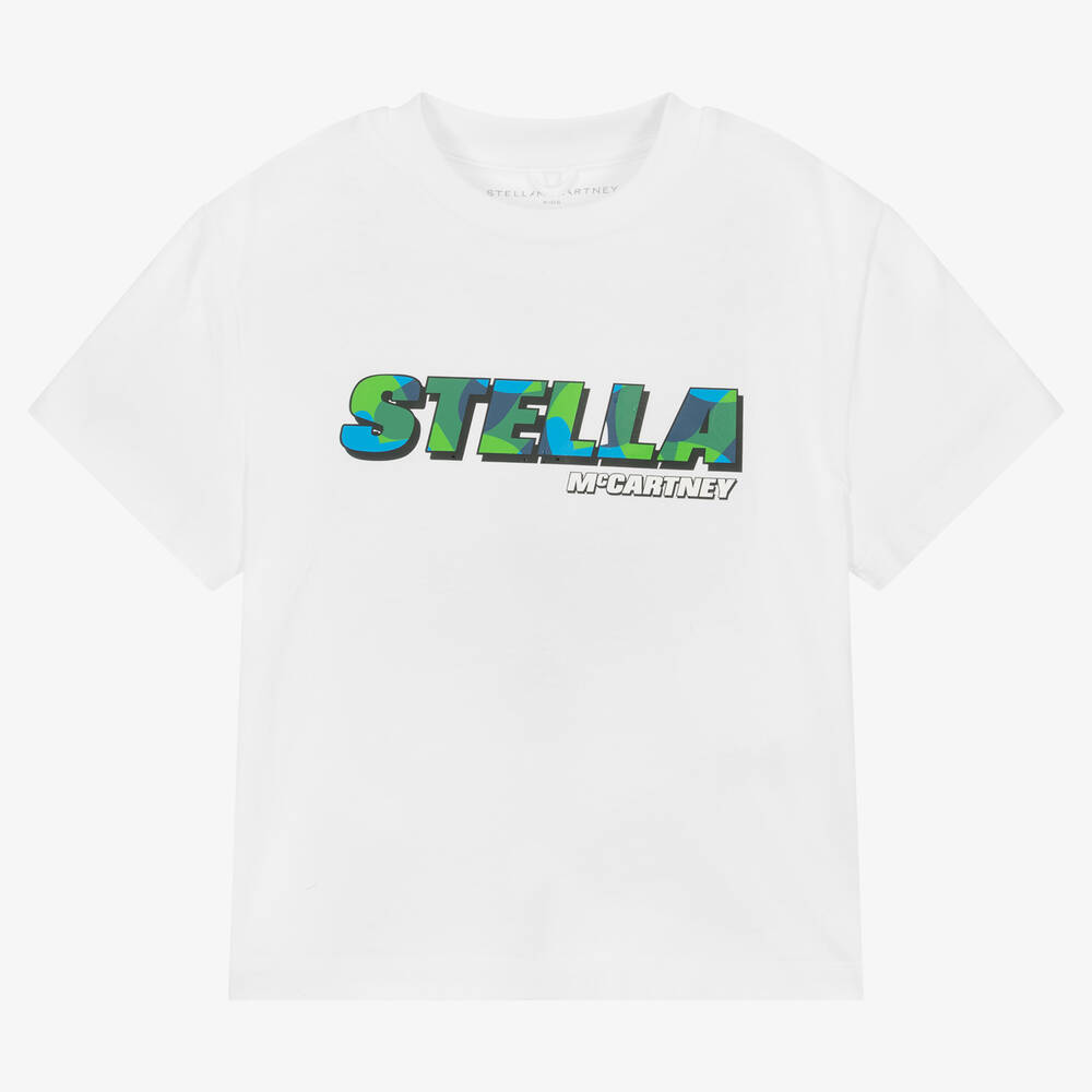 Stella McCartney Kids - Boys White Organic Cotton Logo T-Shirt | Childrensalon