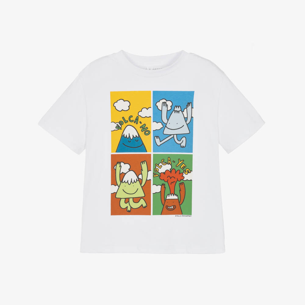 Stella McCartney Kids-Boys White T-Shirt with Colourful Volcano Print | Childrensalon Outlet