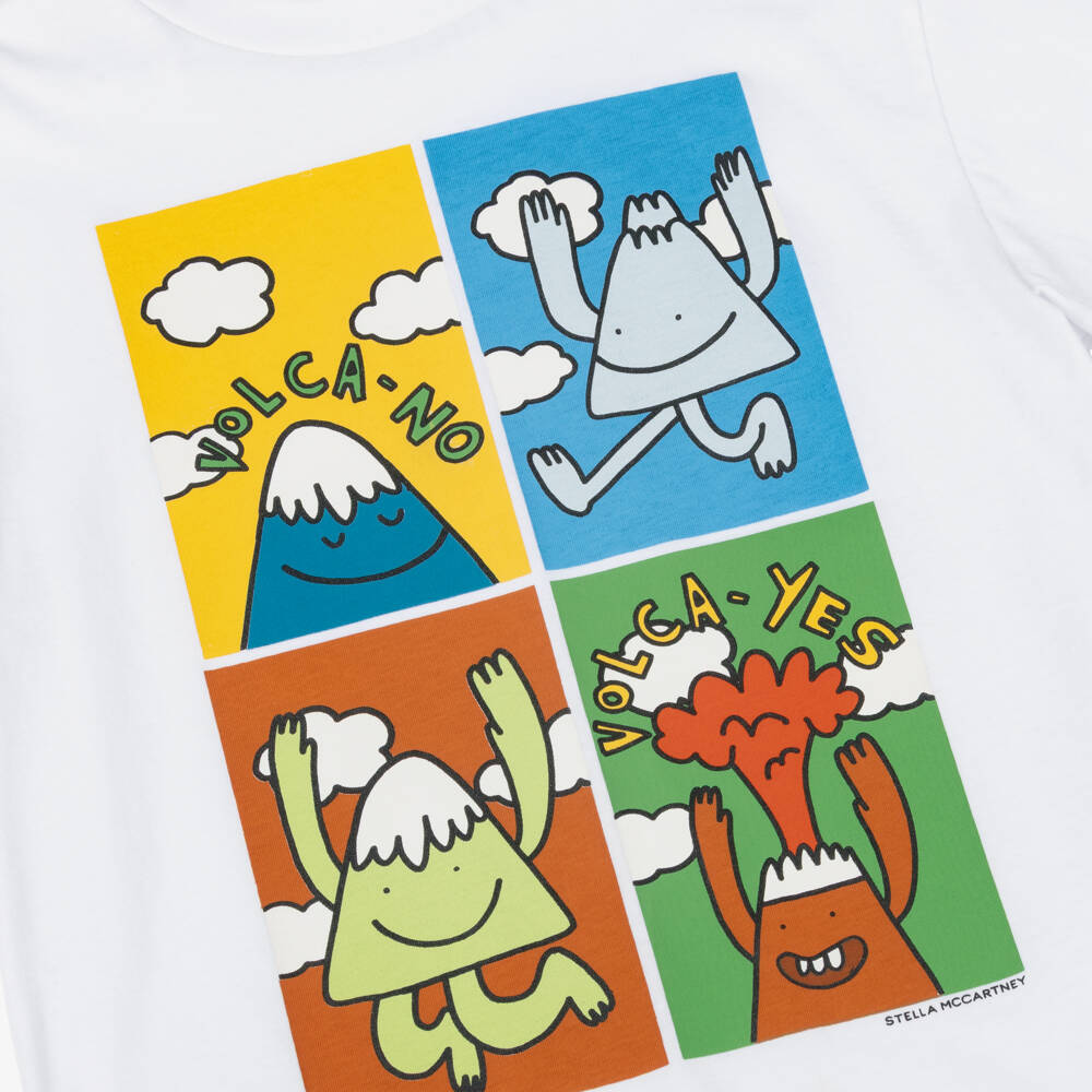 Stella McCartney Kids-Boys White T-Shirt with Colourful Volcano Print | Childrensalon Outlet