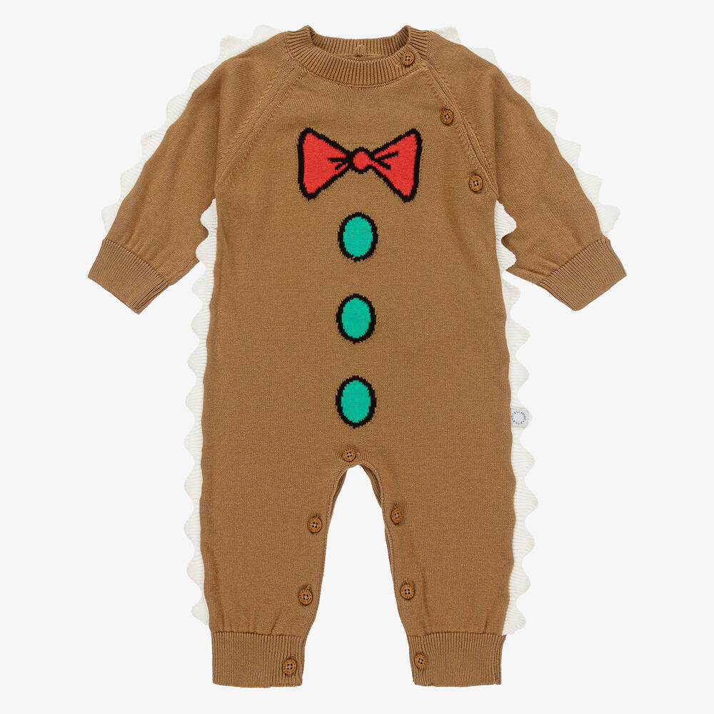Stella McCartney Kids-Brown Organic Cotton Knit Bow Tie Romper | Childrensalon Outlet