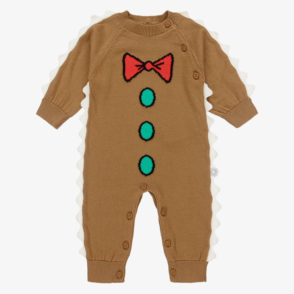 Stella McCartney Kids - Brown Organic Cotton Knit Bow Tie Romper | Childrensalon