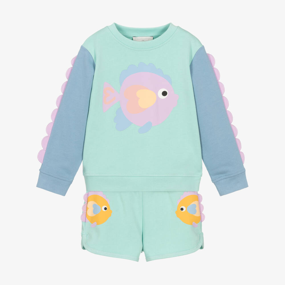 Stella McCartney Kids-Girls Aqua Blue Cotton Shorts Set with Fish Print | Childrensalon Outlet