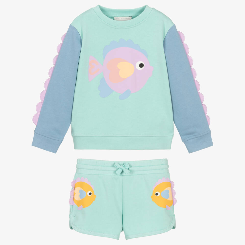 Stella McCartney Kids-Girls Aqua Blue Cotton Shorts Set with Fish Print | Childrensalon Outlet
