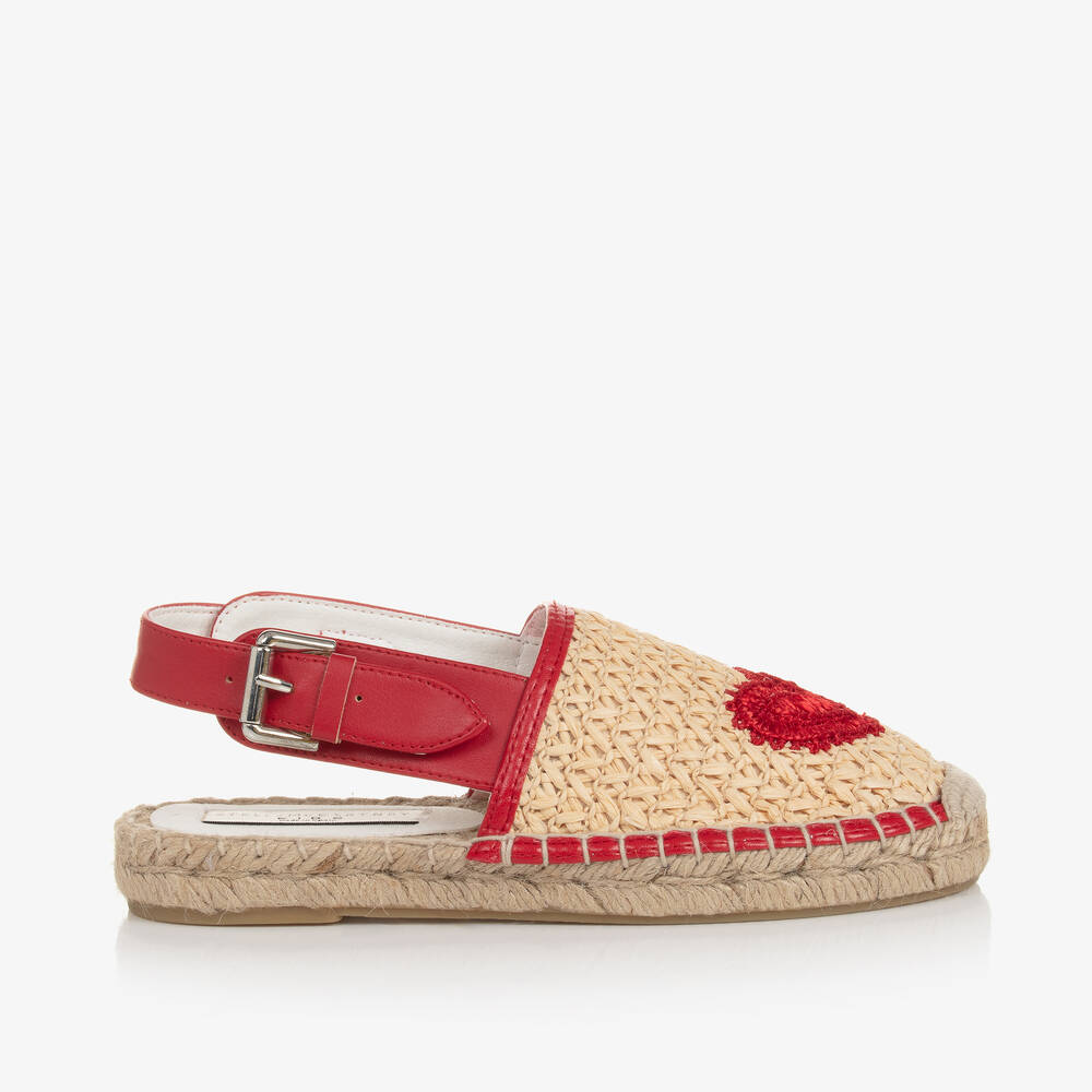 Stella McCartney Kids-إسبادريل بطبعة قلب رافيا وجلد صناعي لون بيج | Childrensalon Outlet