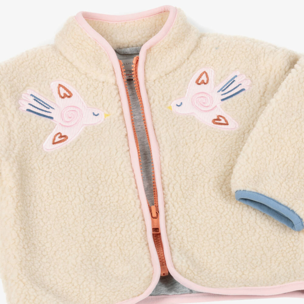 Stella McCartney Kids-Girls Beige Sherpa Fleece Jacket with Pink Appliqué Birds | Childrensalon Outlet