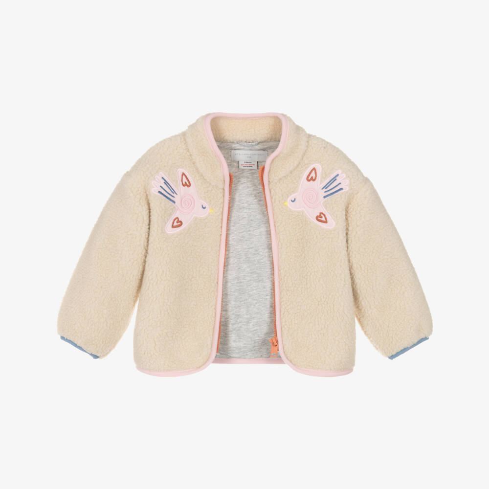Stella McCartney Kids-Girls Beige Sherpa Fleece Jacket with Pink Appliqué Birds | Childrensalon Outlet