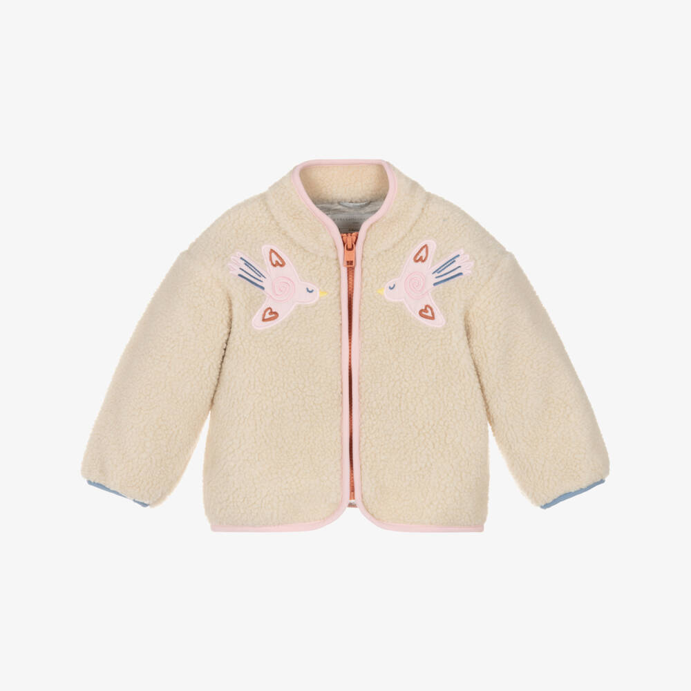 Stella McCartney Kids-Girls Beige Sherpa Fleece Jacket with Pink Appliqué Birds | Childrensalon Outlet