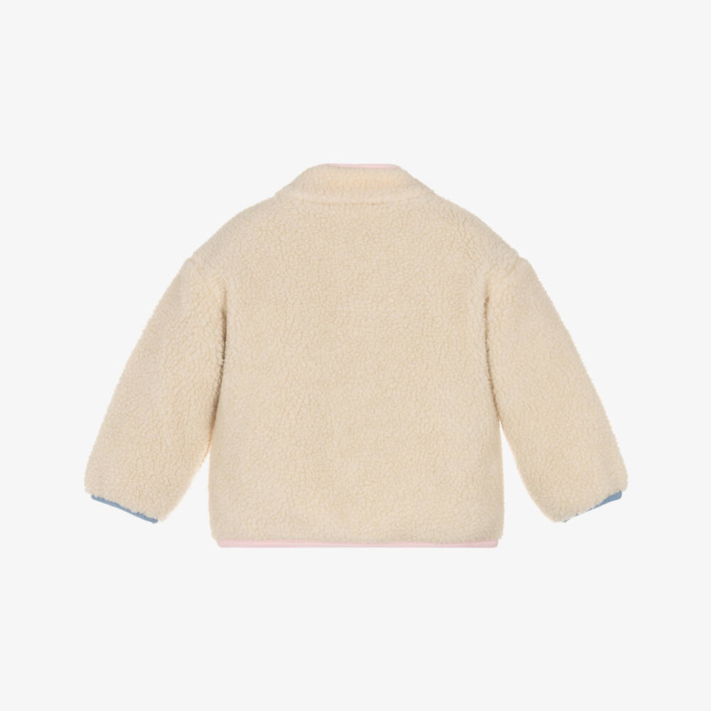 Stella McCartney Kids-Girls Beige Sherpa Fleece Jacket with Pink Appliqué Birds | Childrensalon Outlet