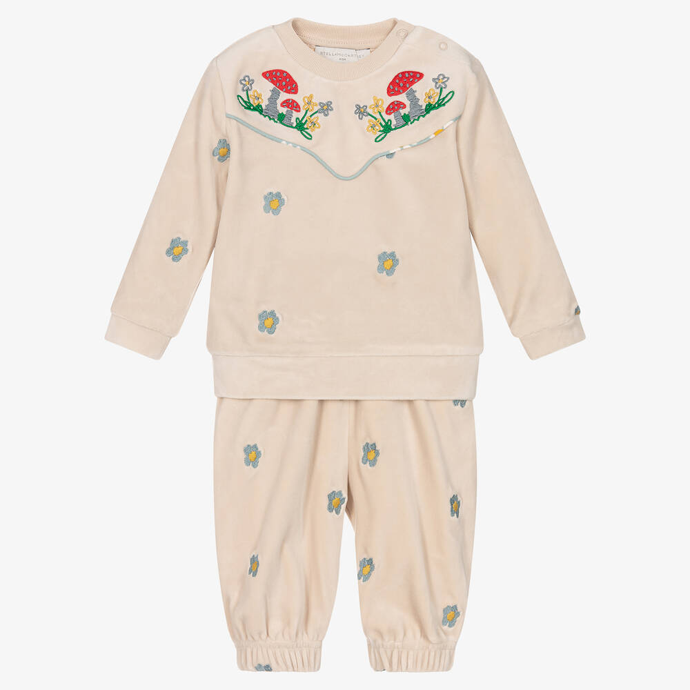 Stella McCartney Kids - Girls Beige Velour  Flower Tracksuit | Childrensalon