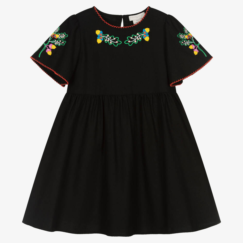 Stella McCartney Kids - Girls Black Cotton Embroidered Acorn Dress | Childrensalon