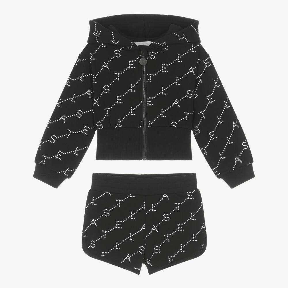 Stella McCartney Kids-Girls Black Cotton Hoodie & Shorts Set with Logo Pattern | Childrensalon Outlet