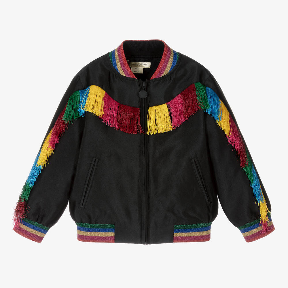 Stella McCartney Kids - Schwarze Fransen-Satin-Bomberjacke | Childrensalon