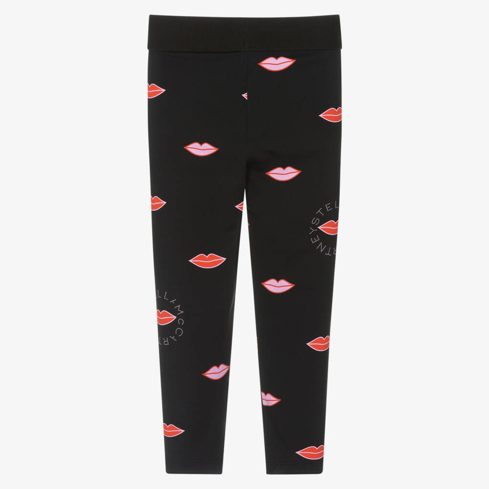 Stella McCartney Kids-Girls Black Leggings with Circular Logo & Pink Lip Print | Childrensalon Outlet