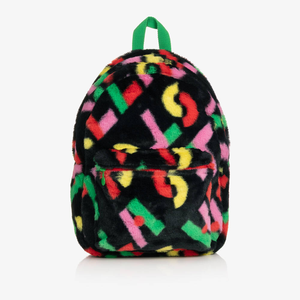 Stella McCartney Kids - Girls Black Logo Faux Fur Backpack (41cm) | Childrensalon
