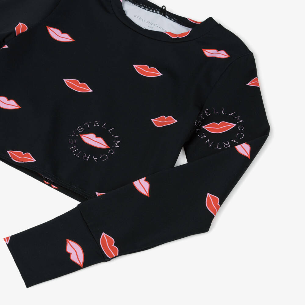 Stella McCartney Kids-تيشيرت رياضي أسود بطبعة شفاه للبنات | Childrensalon Outlet