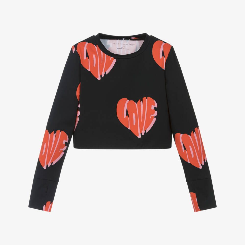 Stella McCartney Kids-Girls Black Long Sleeve Sports Top with Love Motif | Childrensalon Outlet