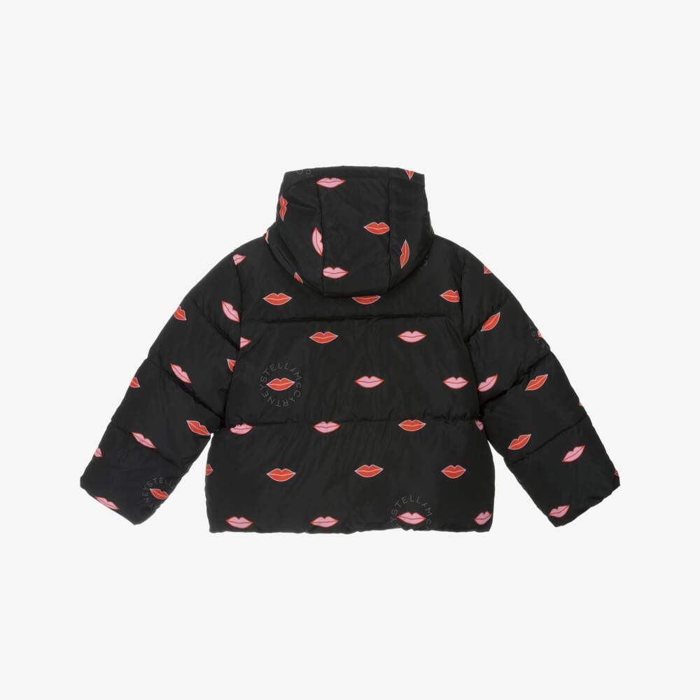 Stella McCartney Kids-Girls Black Padded Jacket with Red Lip Print | Childrensalon Outlet