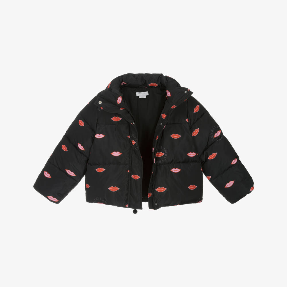Stella McCartney Kids-Girls Black Padded Jacket with Red Lip Print | Childrensalon Outlet