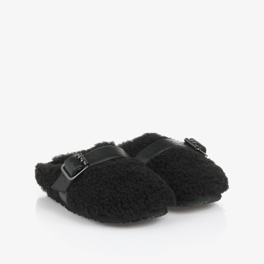 Stella McCartney Kids-Girls Black Sherpa Fleece Mules | Childrensalon Outlet