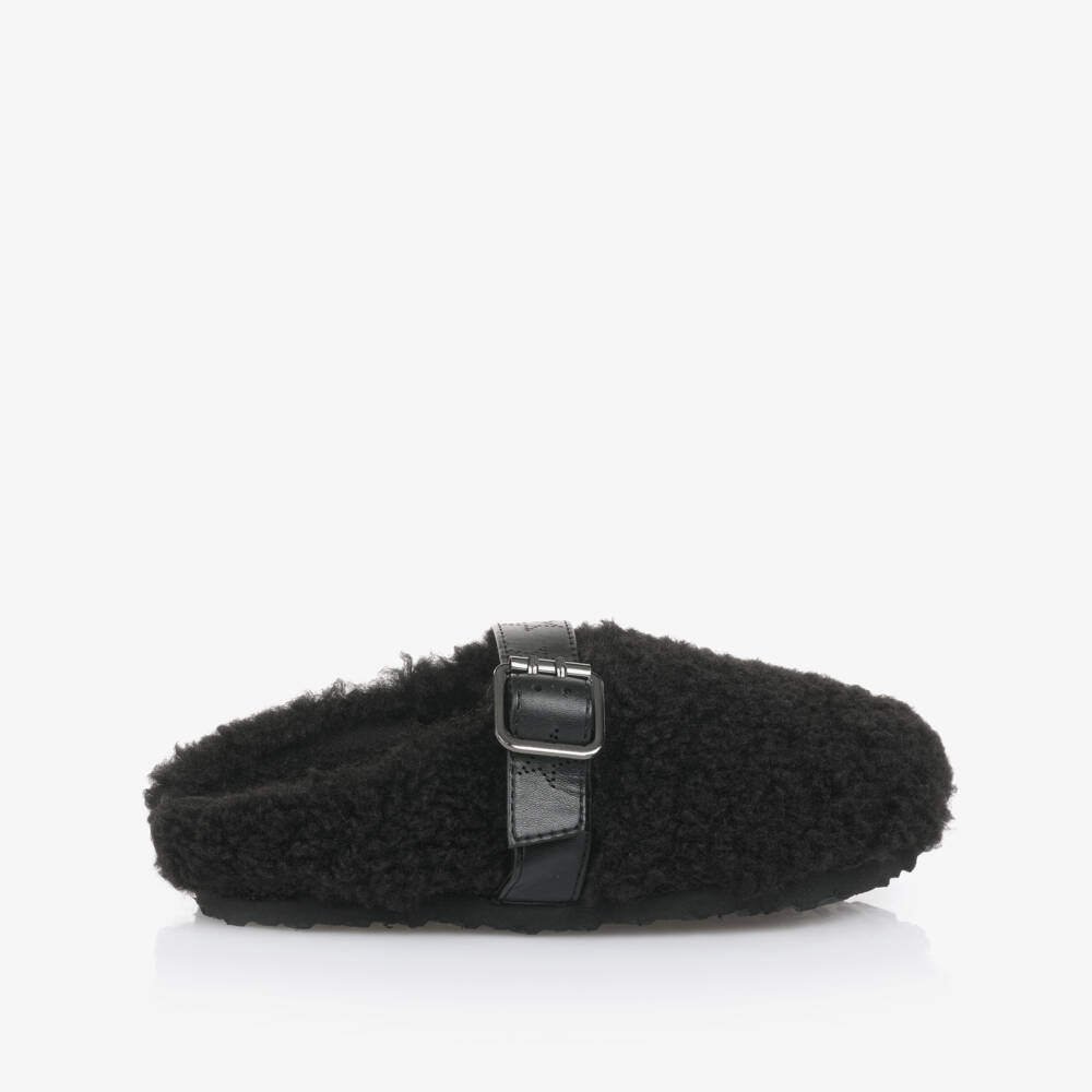 Stella McCartney Kids-Girls Black Sherpa Fleece Mules | Childrensalon Outlet