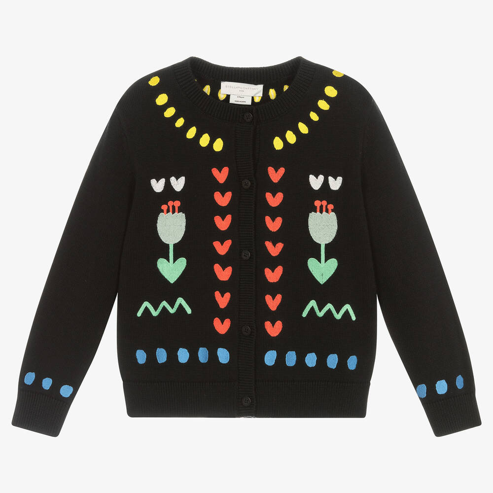 Stella McCartney Kids-كارديغان بطبعة قلوب وتوليب مزيج صوف لون أسود | Childrensalon Outlet
